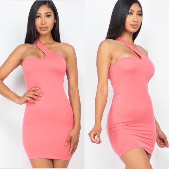 NEW TRENDY CORAL ONE SHOULDER BODYCON MIDI DRESS - Picture 1 of 7